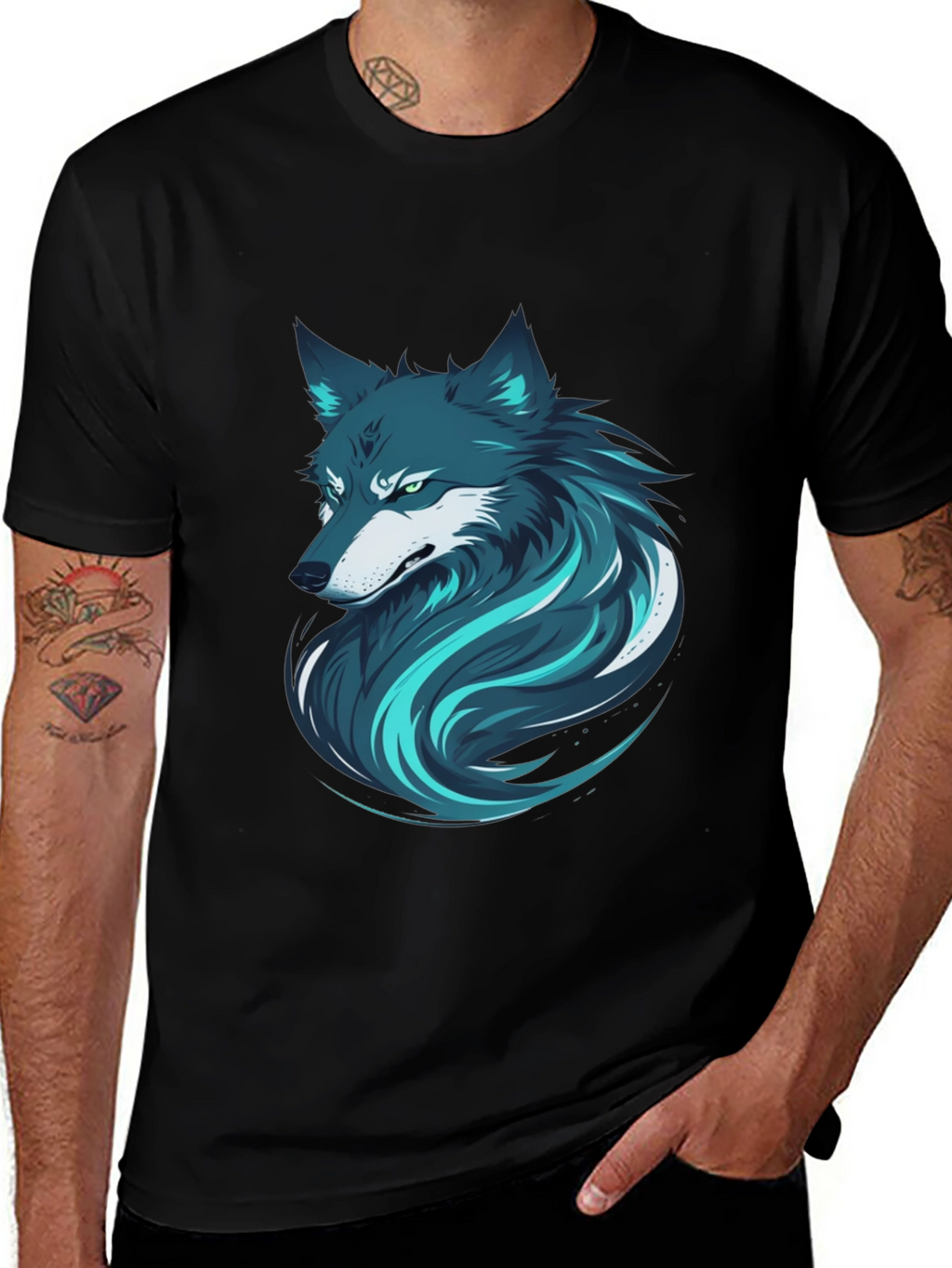 Stylish Wolf Graphic Print Black T-Shirt for Men