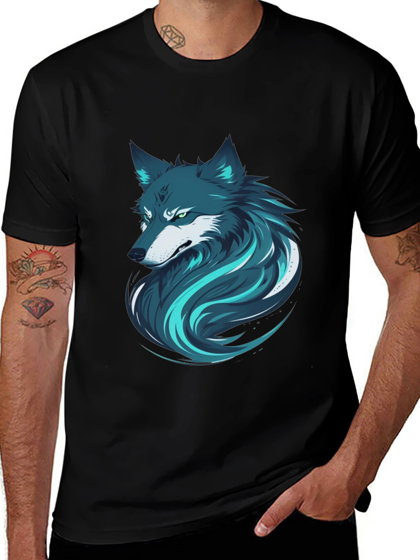 Stylish Wolf Graphic Print Black T-Shirt for Men