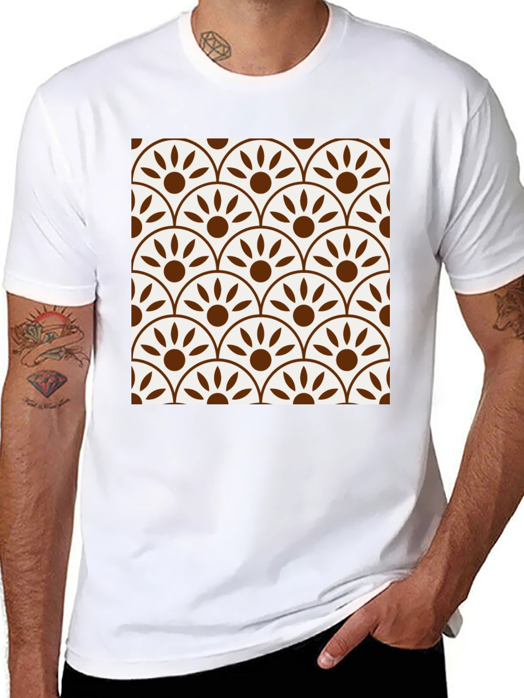 Stylish Black Tee with Retro Fan Pattern Design