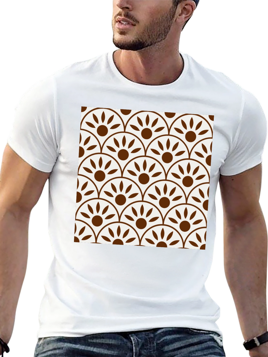 Stylish Black Tee with Retro Fan Pattern Design