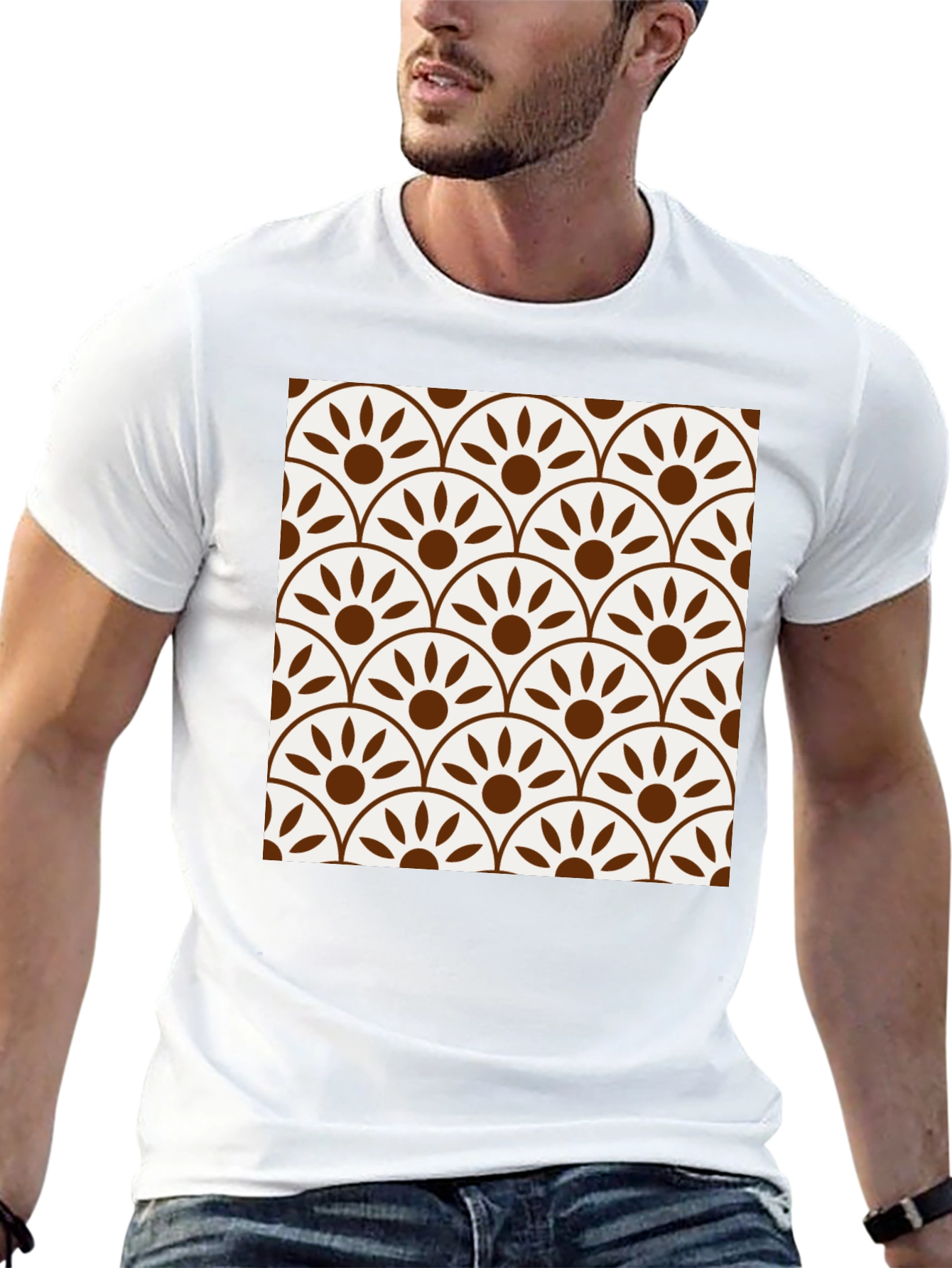 Stylish Black Tee with Retro Fan Pattern Design