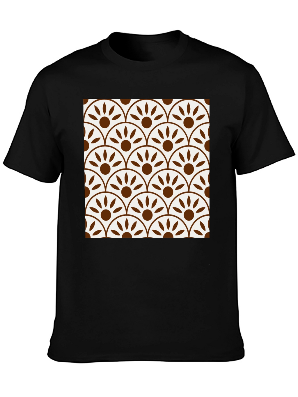 Stylish Black Tee with Retro Fan Pattern Design