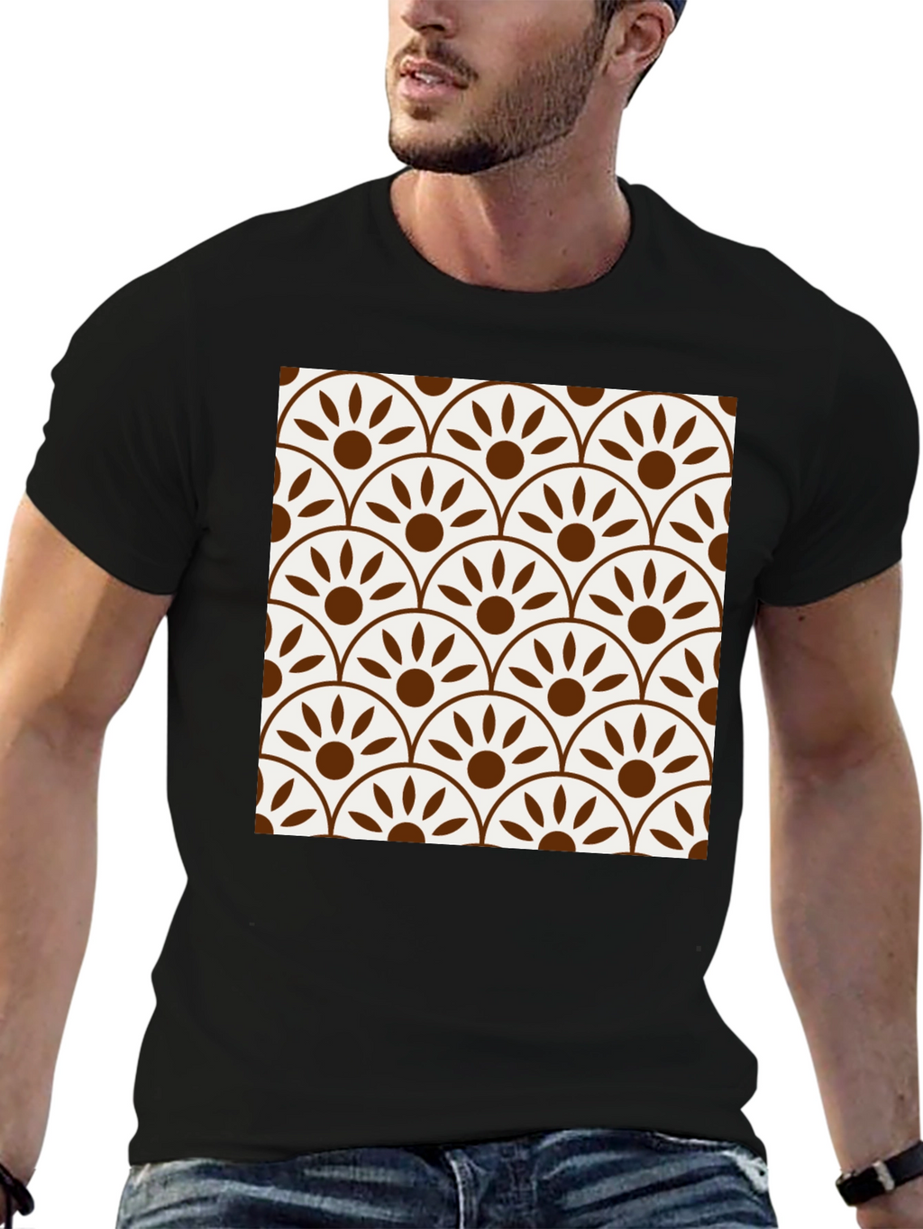 Stylish Black Tee with Retro Fan Pattern Design