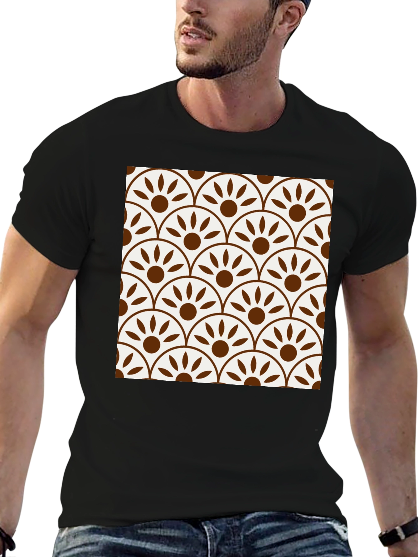 Stylish Black Tee with Retro Fan Pattern Design