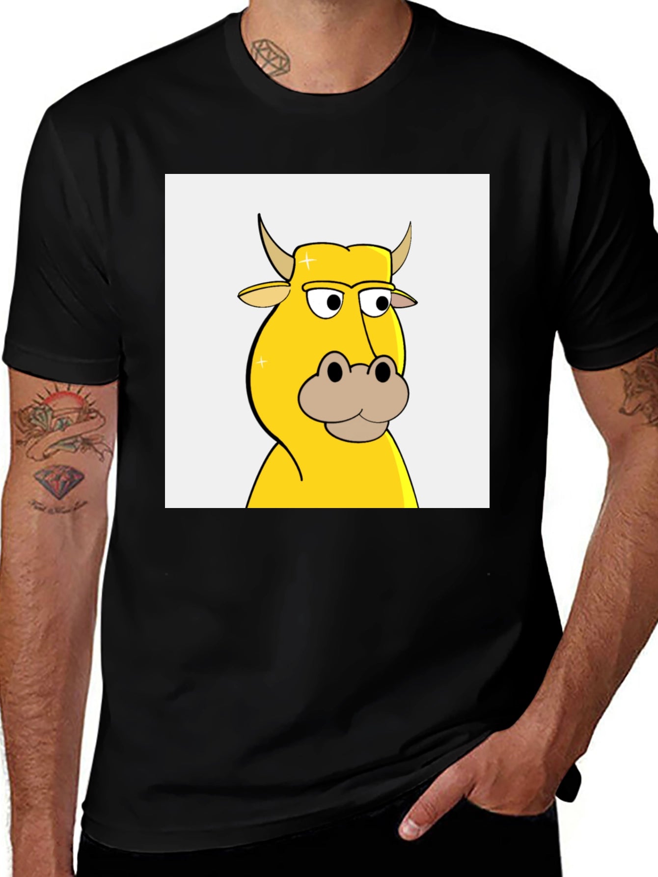 Cool Cartoon Cow Graphic Tee - Black
