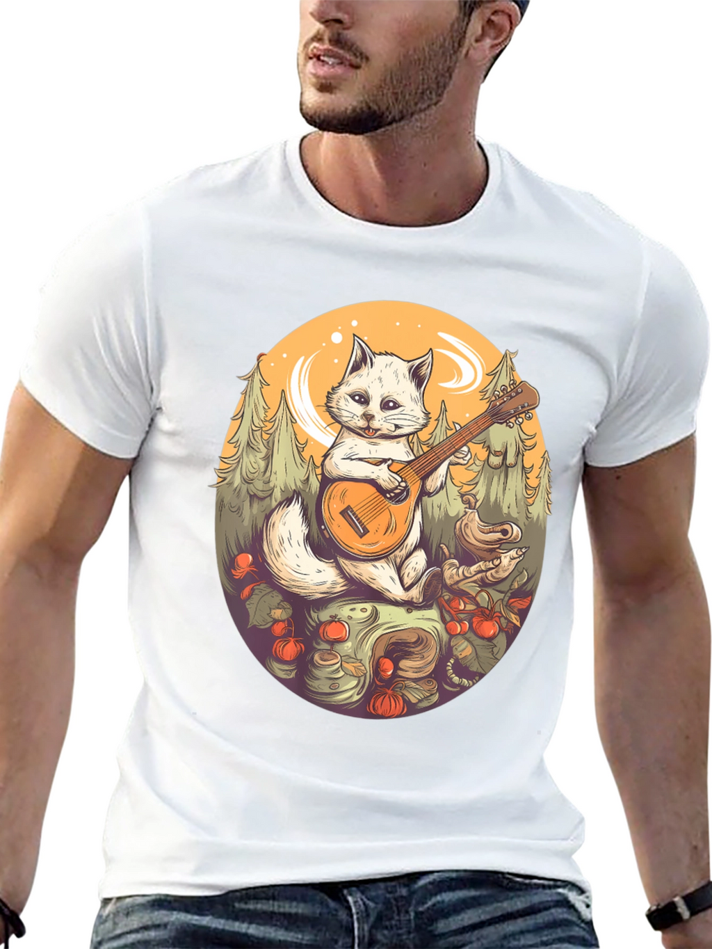 Cat Musician Graphic Tee - Black Cotton T-Shirt