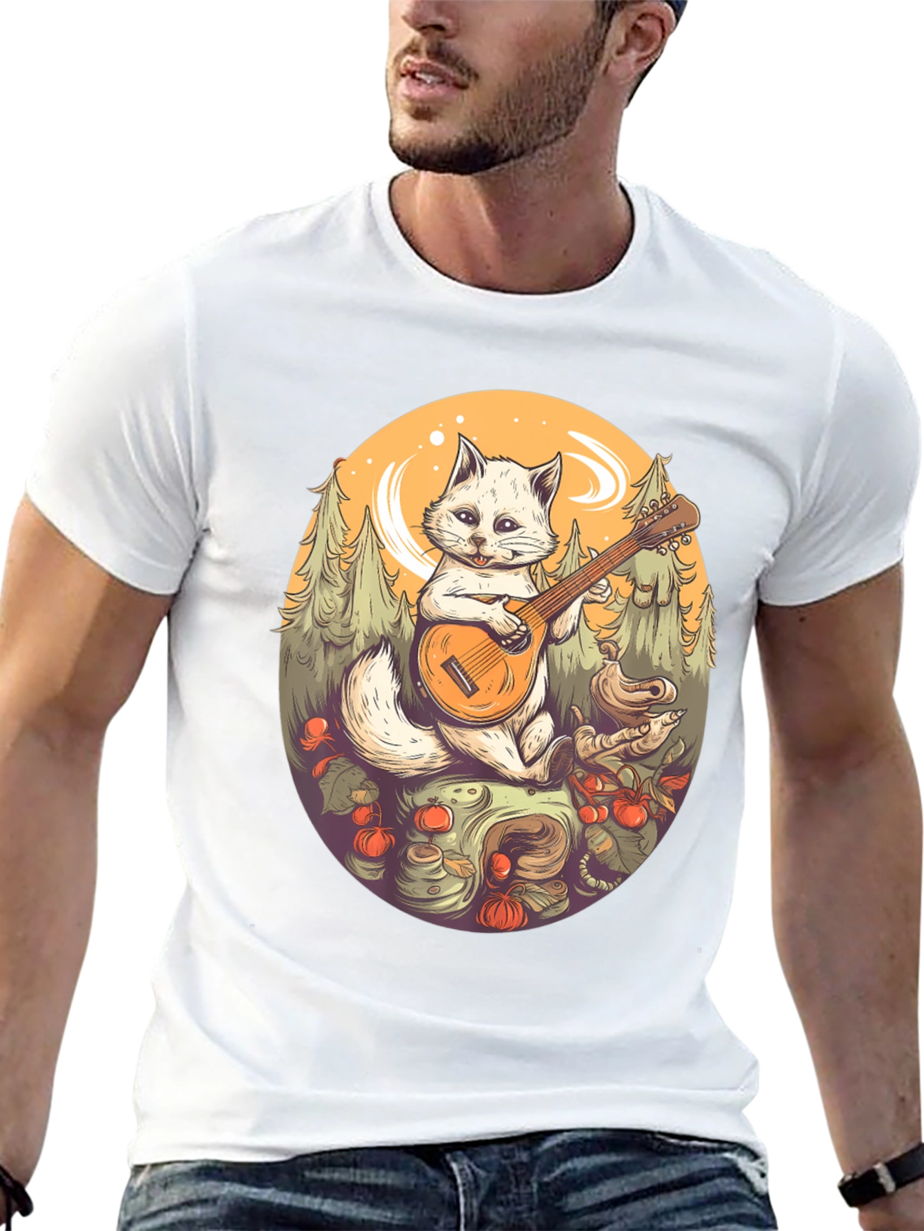 Cat Musician Graphic Tee - Black Cotton T-Shirt