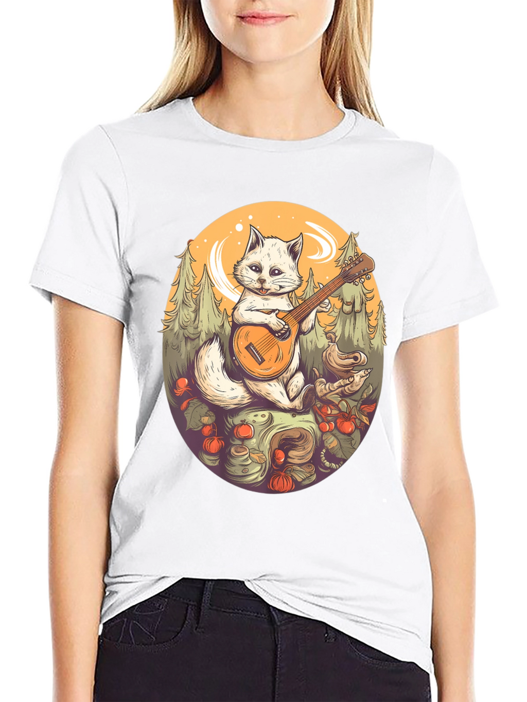 Cat Musician Graphic Tee - Black Cotton T-Shirt