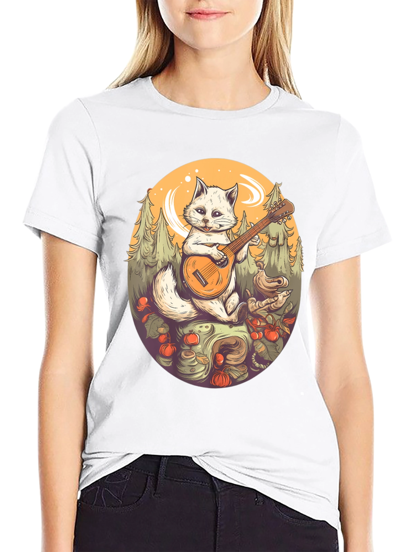 Cat Musician Graphic Tee - Black Cotton T-Shirt