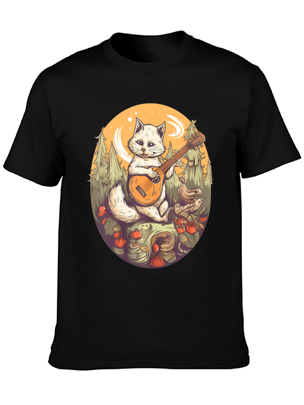 Cat Musician Graphic Tee - Black Cotton T-Shirt