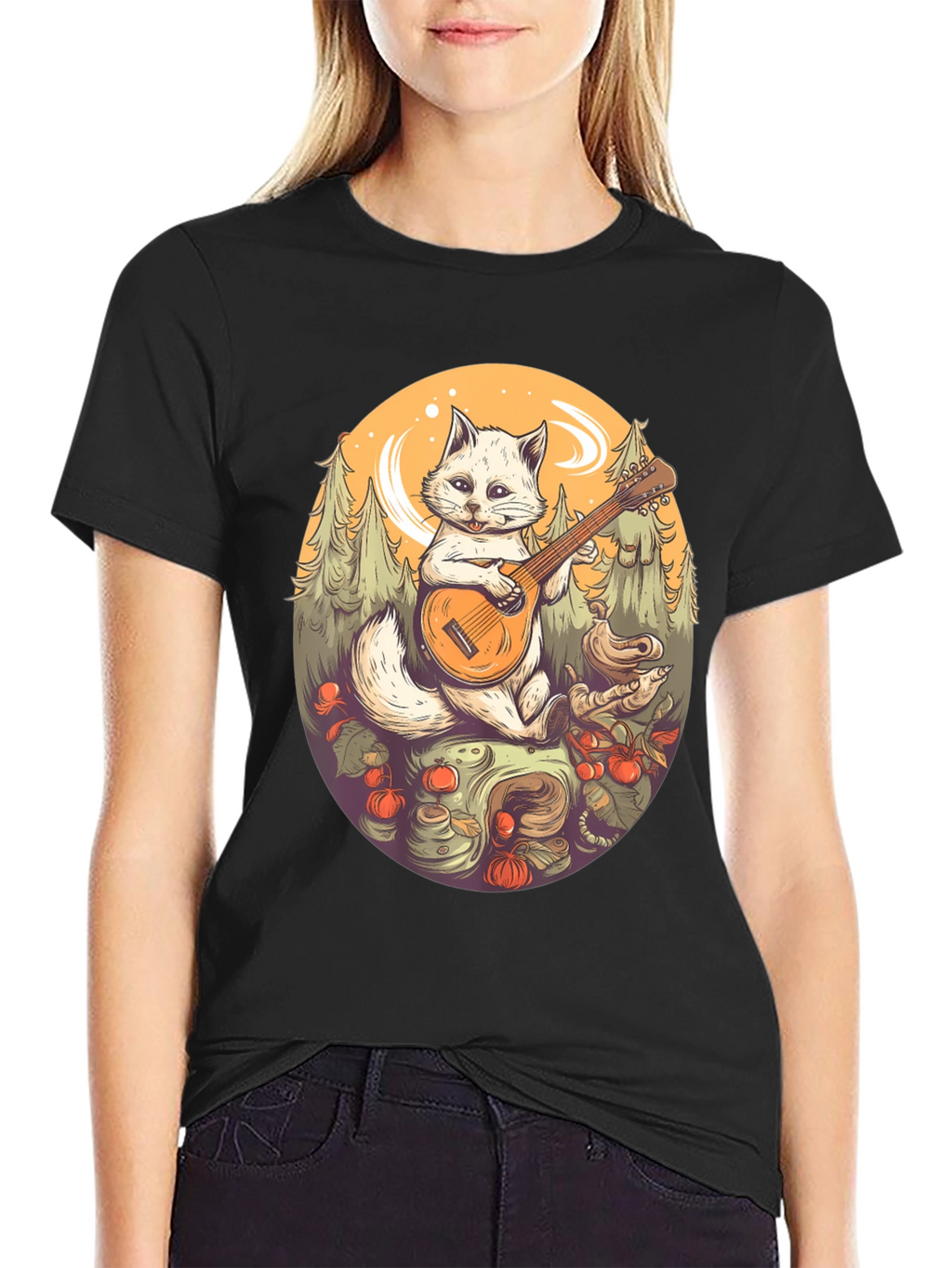 Cat Musician Graphic Tee - Black Cotton T-Shirt