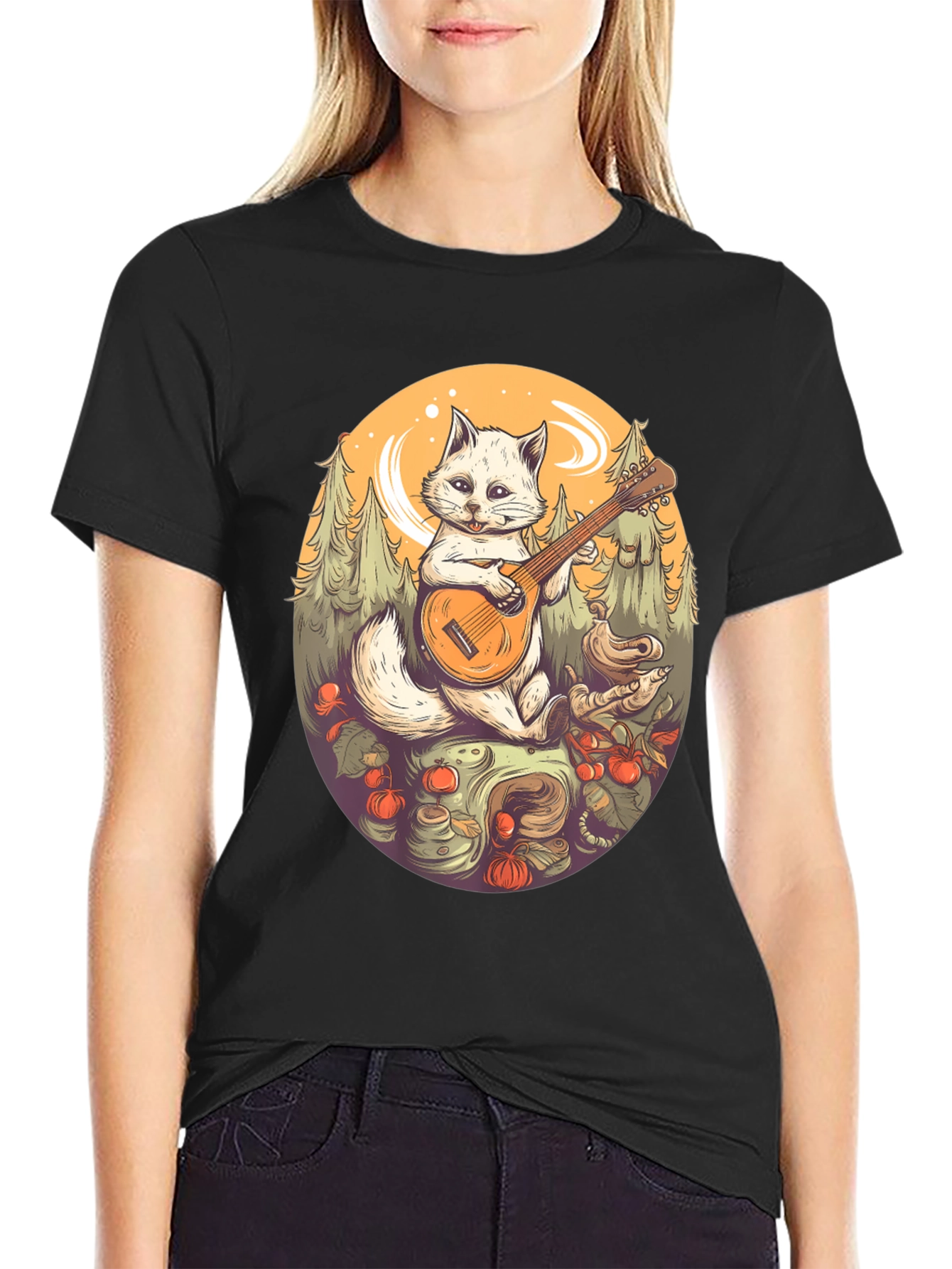 Cat Musician Graphic Tee - Black Cotton T-Shirt