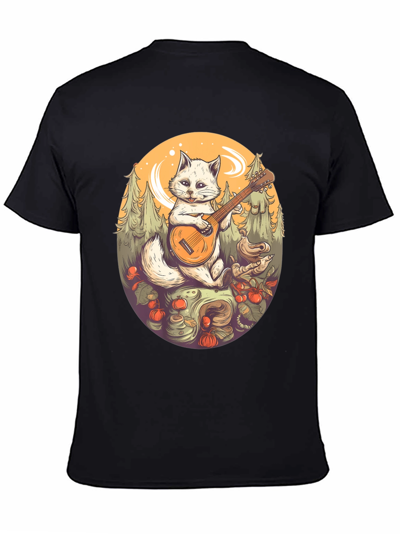 Cat Musician Graphic Tee - Black Cotton T-Shirt