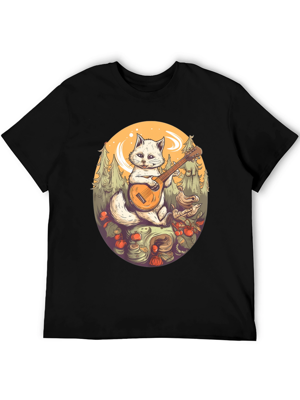 Cat Musician Graphic Tee - Black Cotton T-Shirt