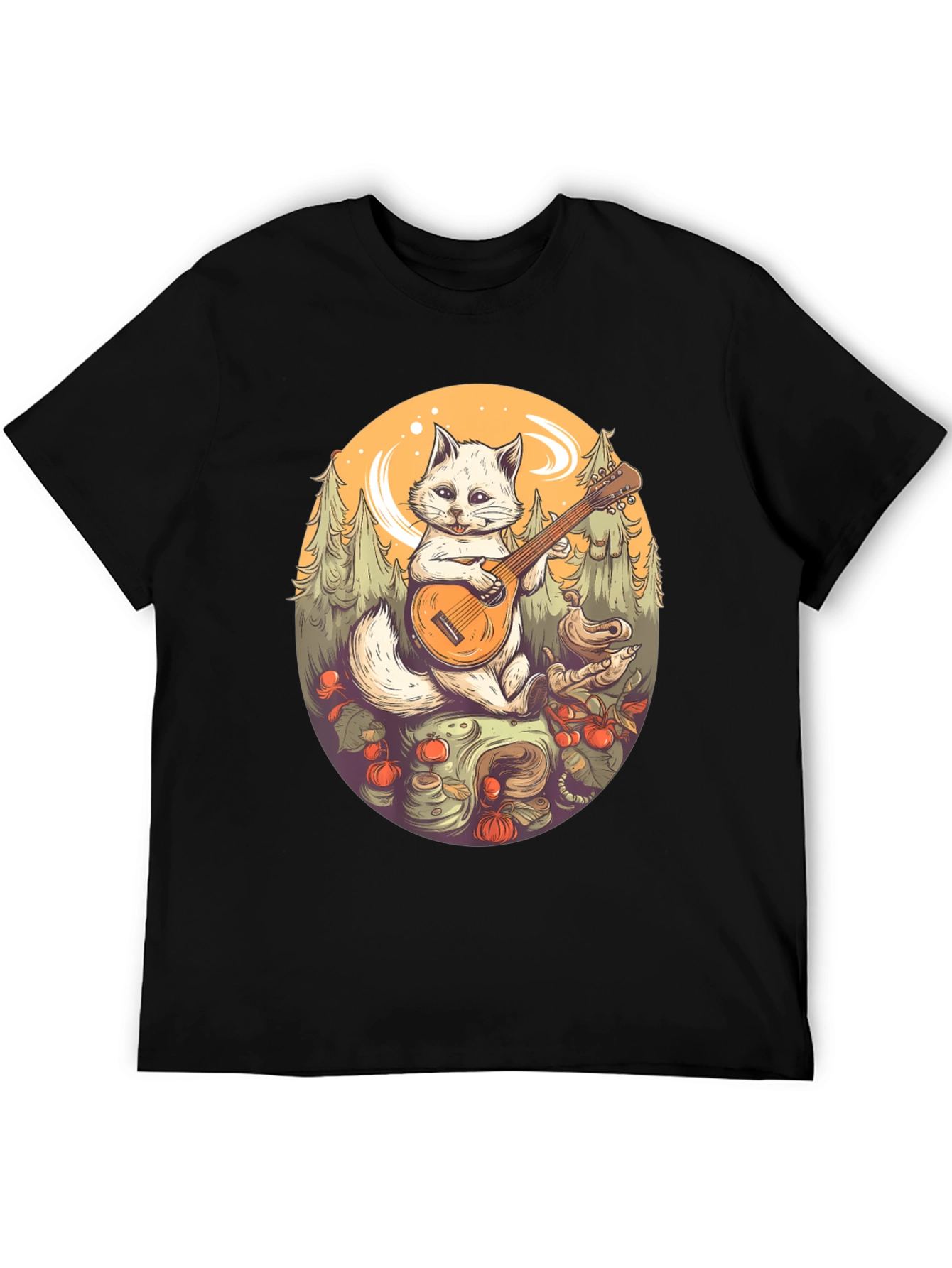 Cat Musician Graphic Tee - Black Cotton T-Shirt