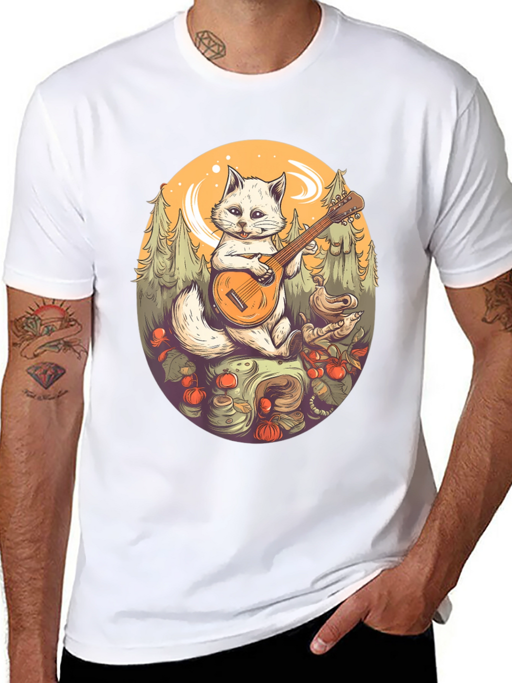Cat Musician Graphic Tee - Black Cotton T-Shirt