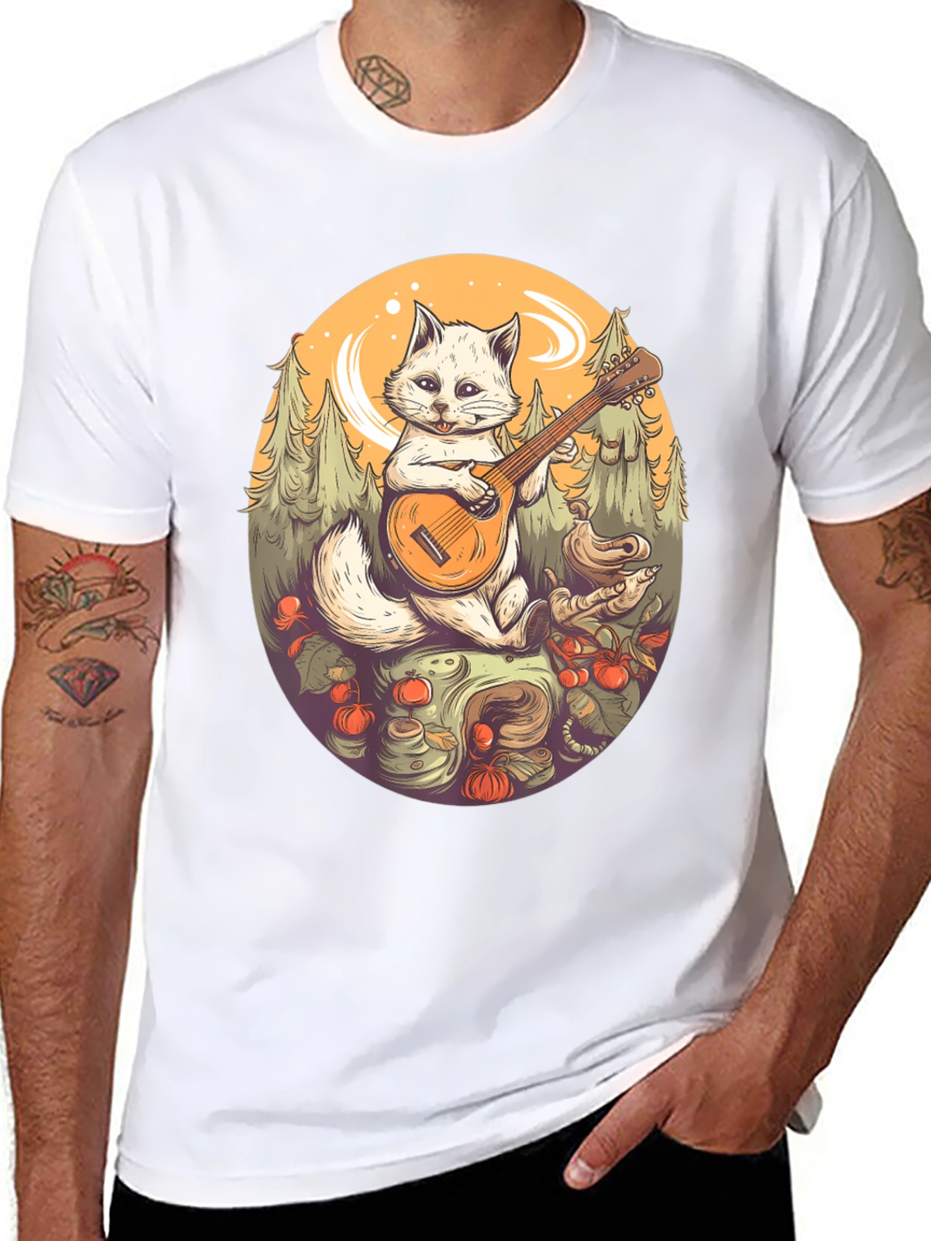 Cat Musician Graphic Tee - Black Cotton T-Shirt