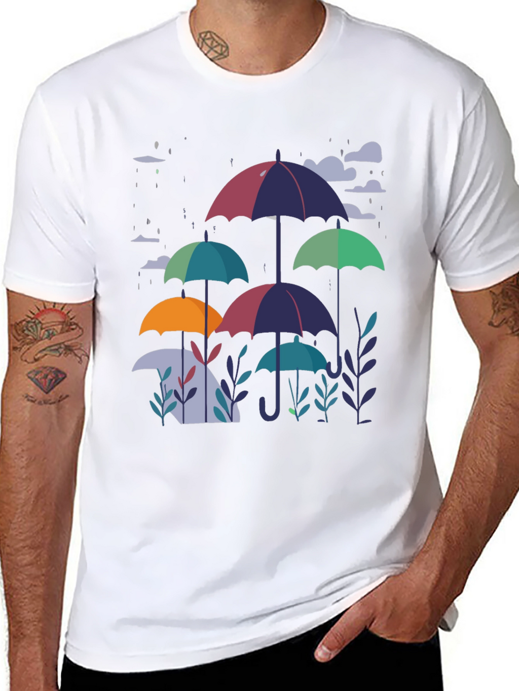 Stylish Umbrella Print Black T-Shirt