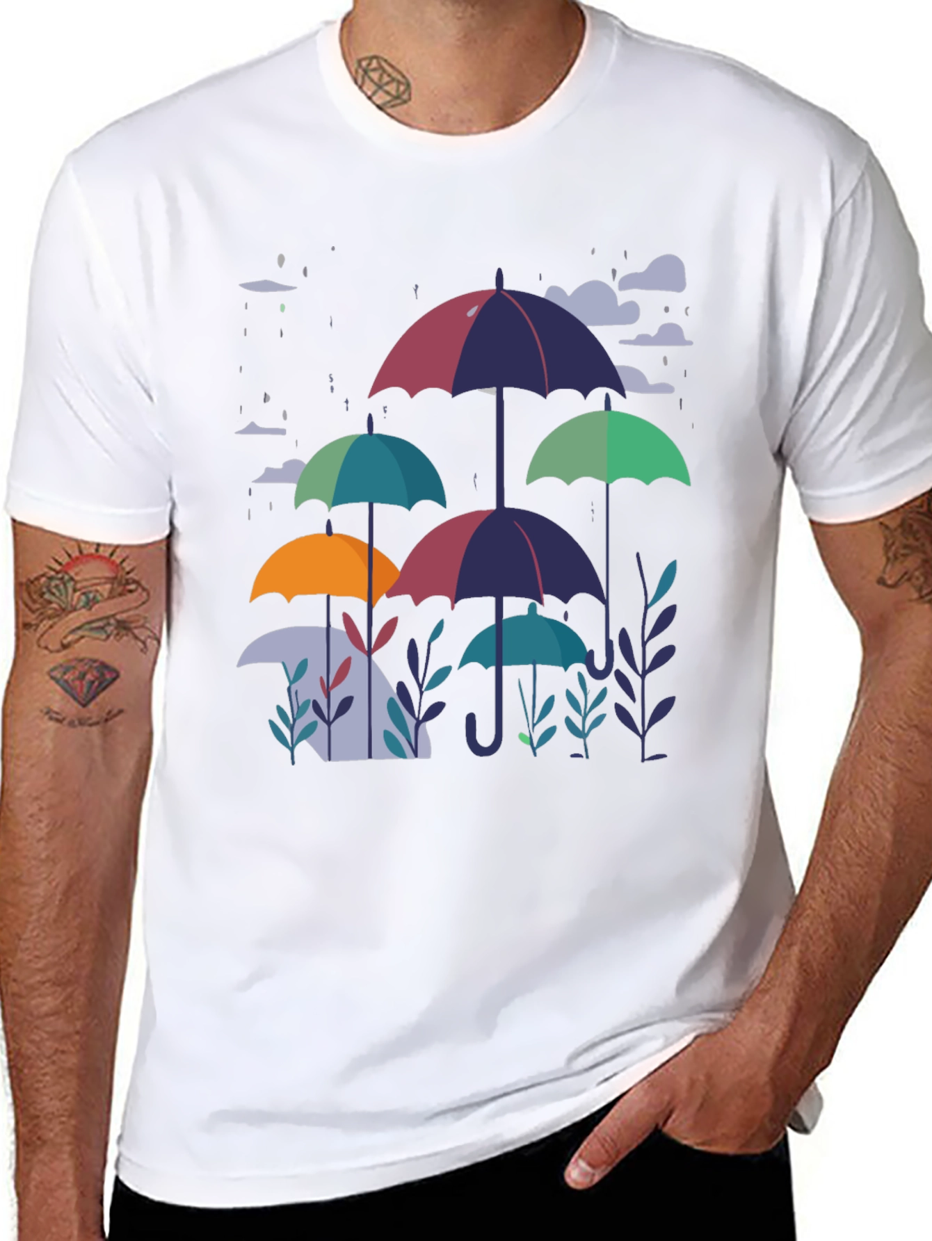 Stylish Umbrella Print Black T-Shirt