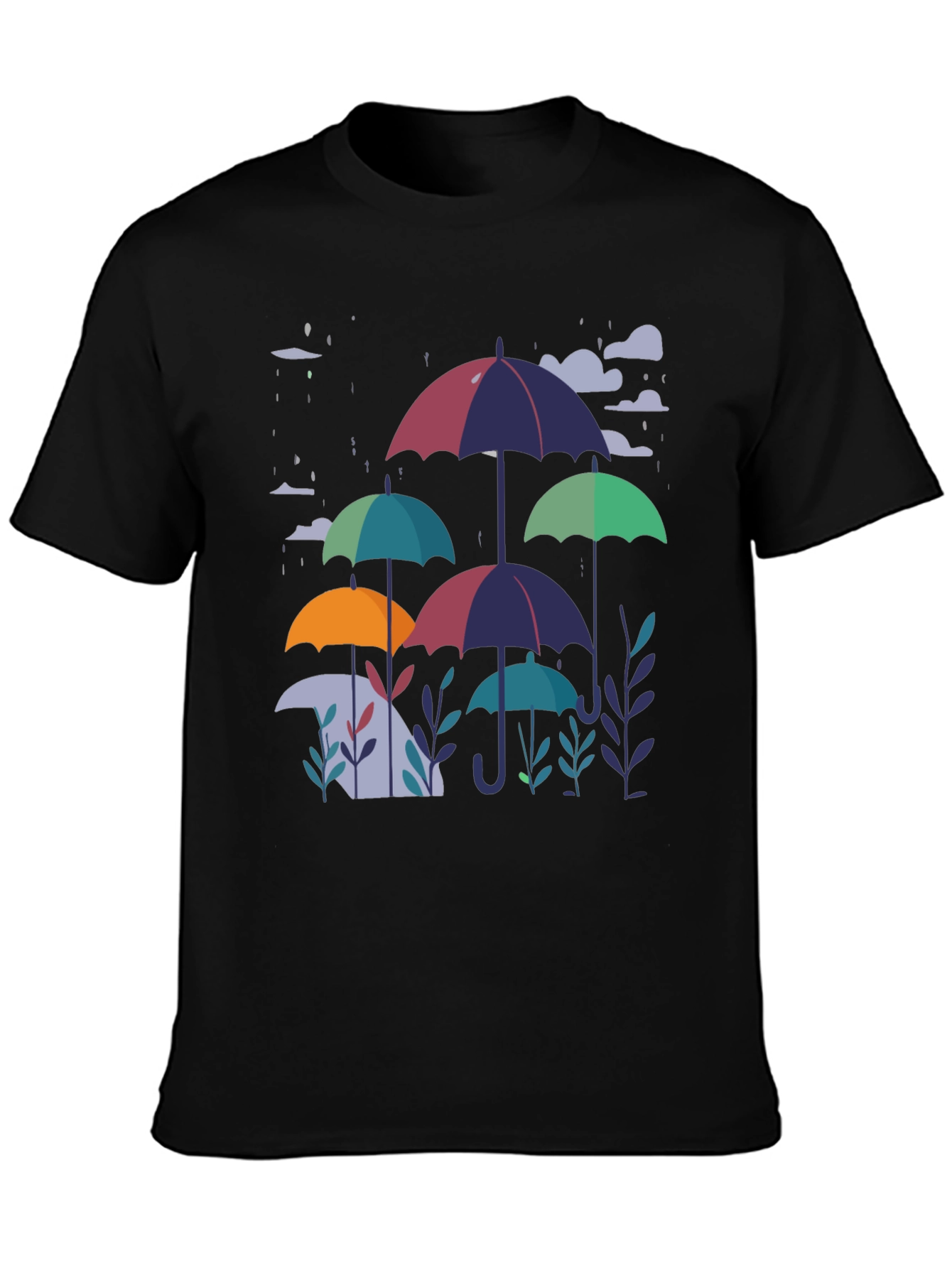 Stylish Umbrella Print Black T-Shirt