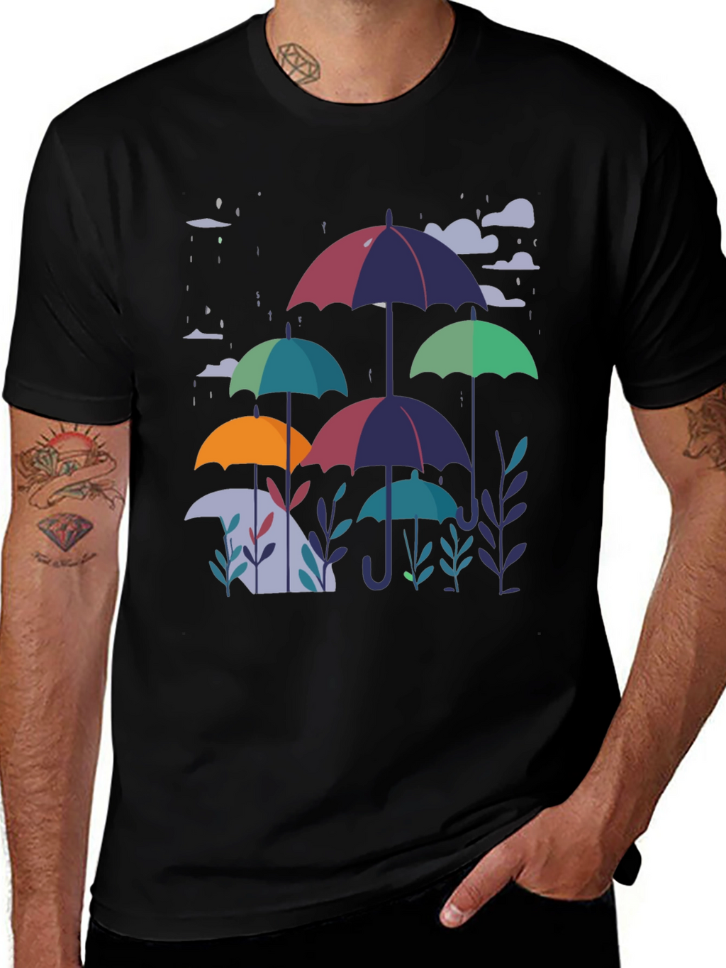Stylish Umbrella Print Black T-Shirt