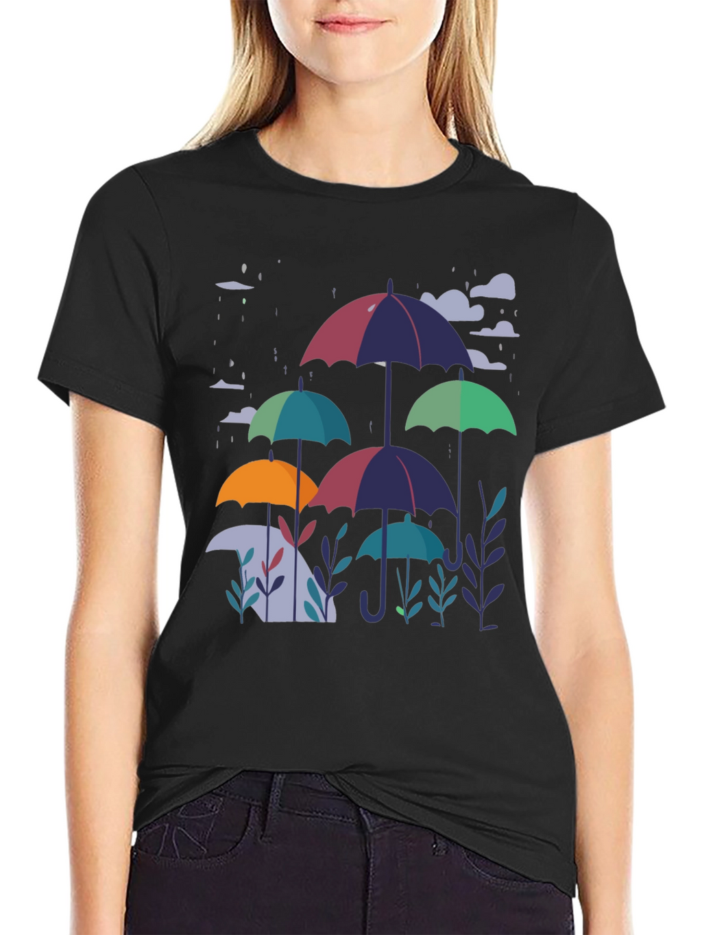Stylish Umbrella Print Black T-Shirt