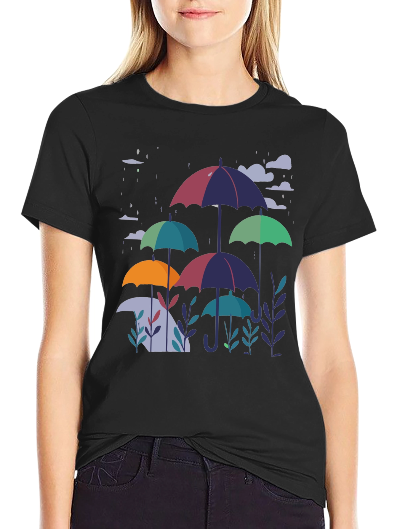 Stylish Umbrella Print Black T-Shirt
