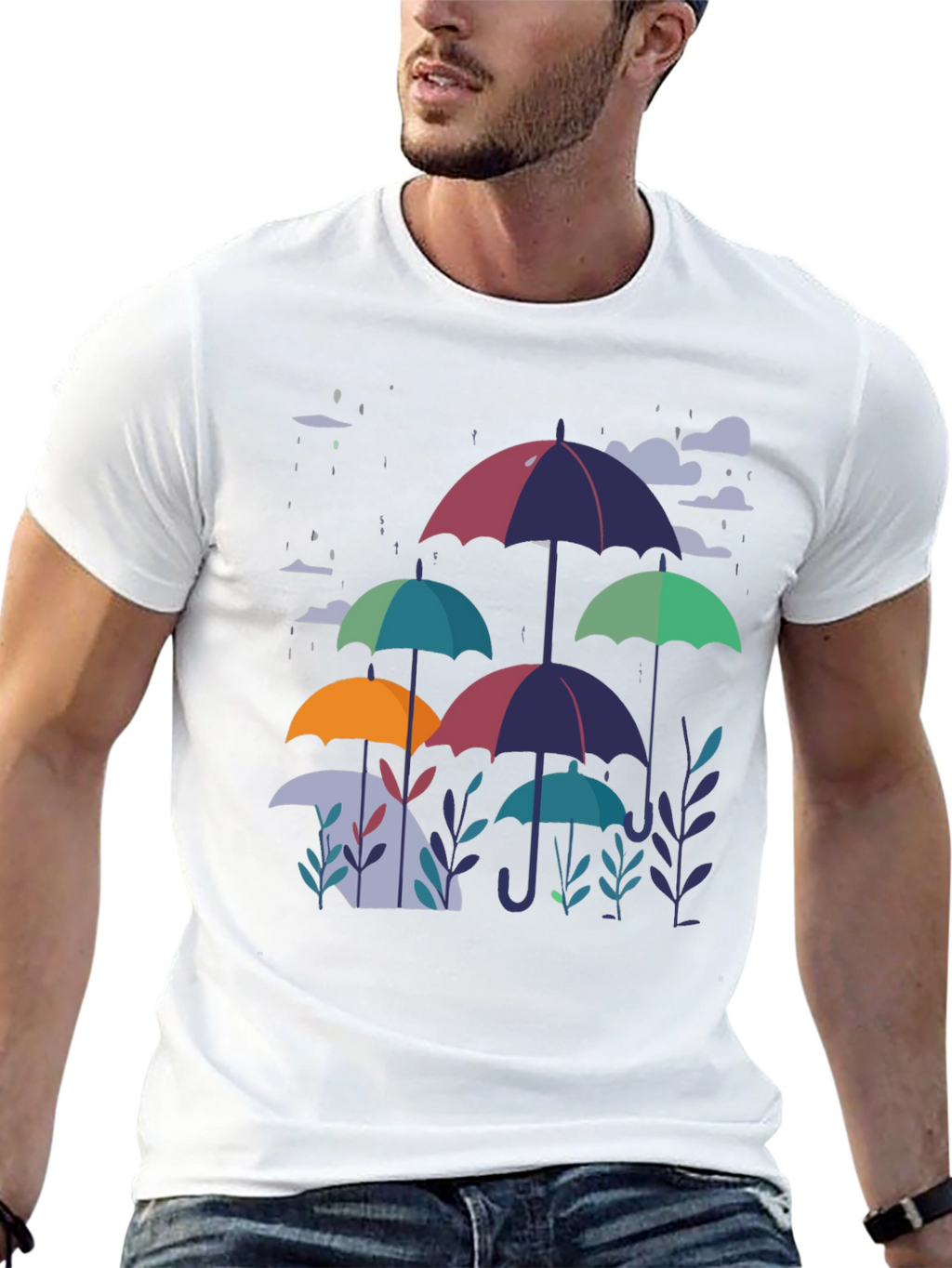 Stylish Umbrella Print Black T-Shirt