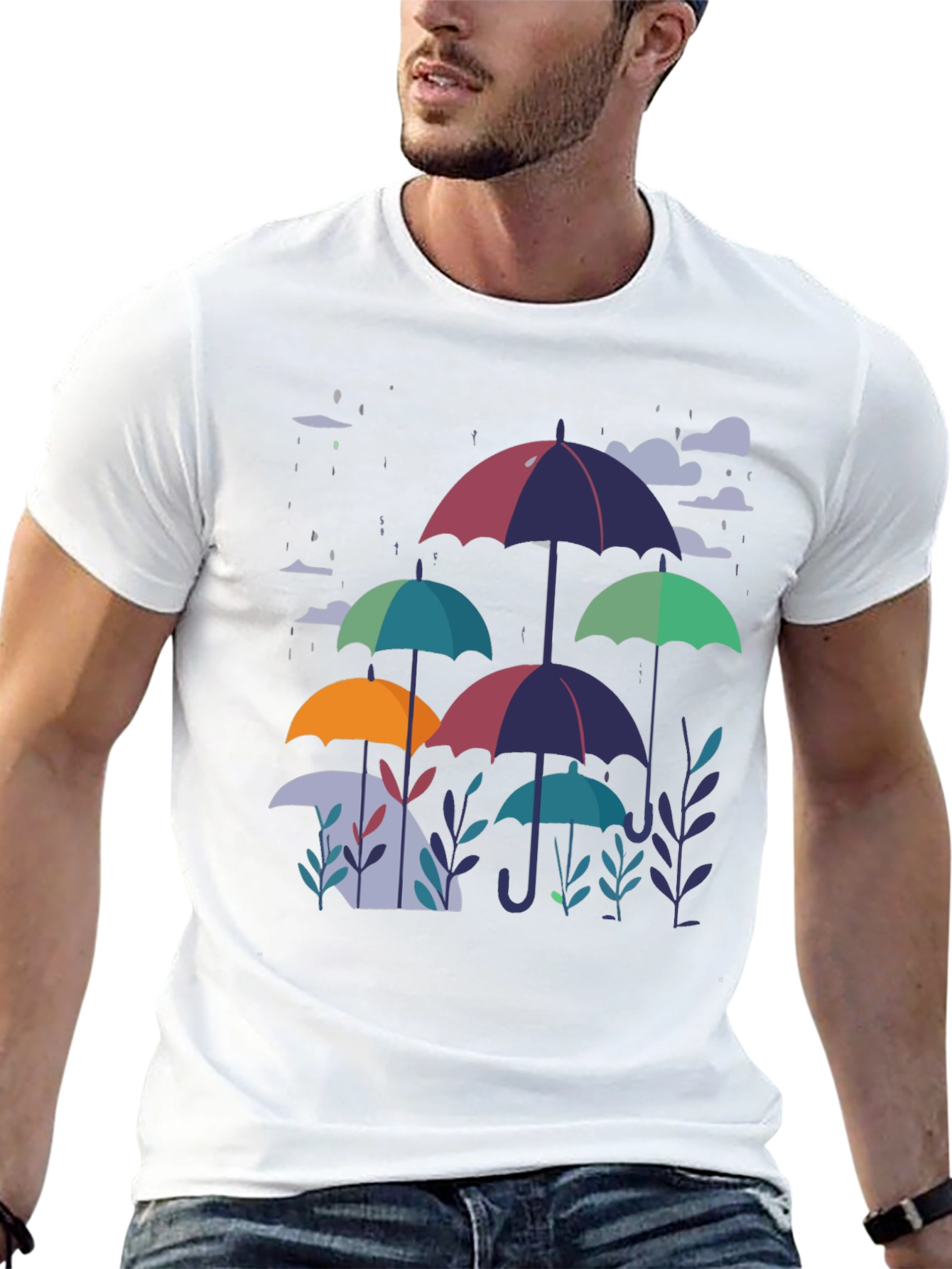Stylish Umbrella Print Black T-Shirt