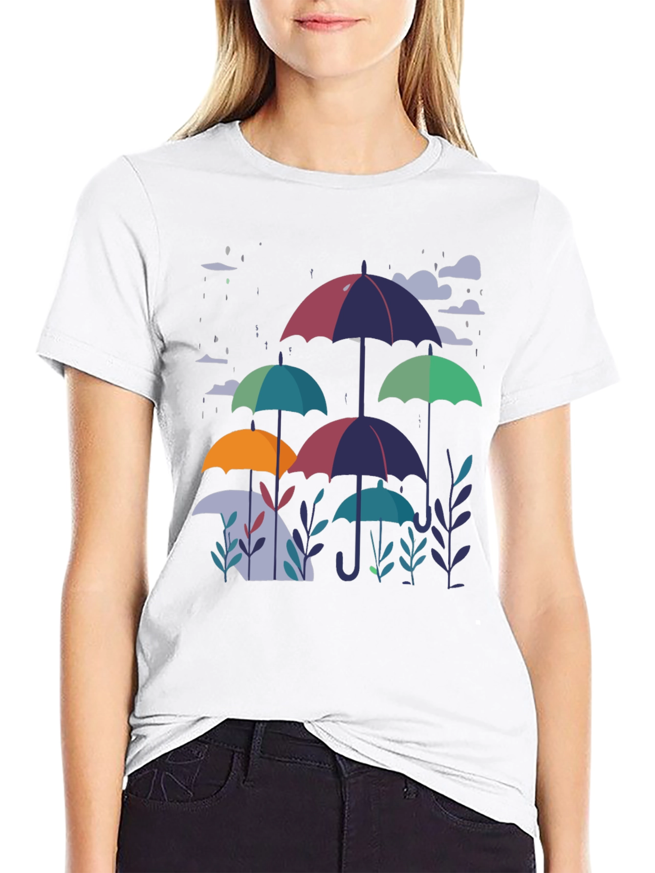 Stylish Umbrella Print Black T-Shirt