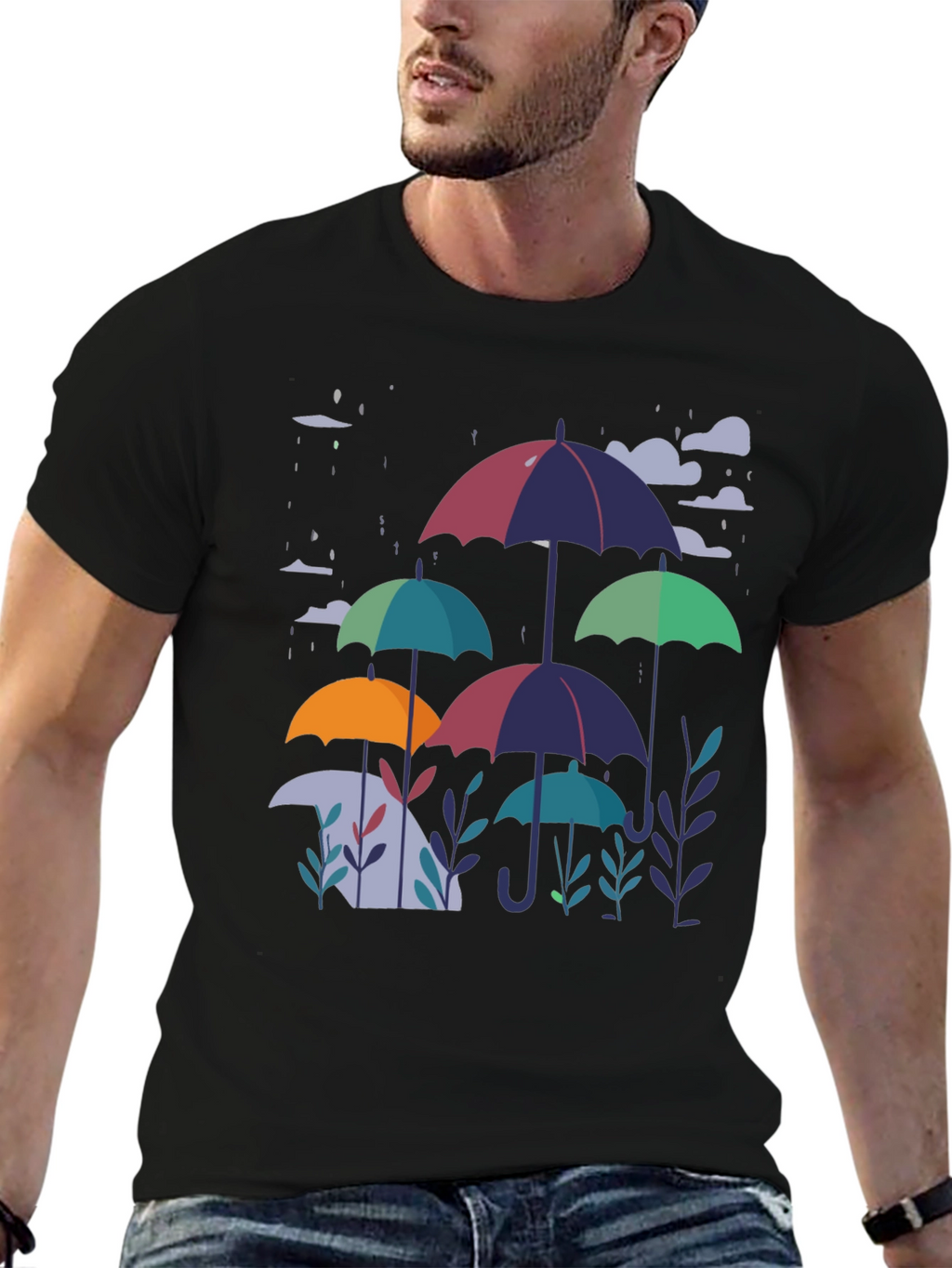Stylish Umbrella Print Black T-Shirt