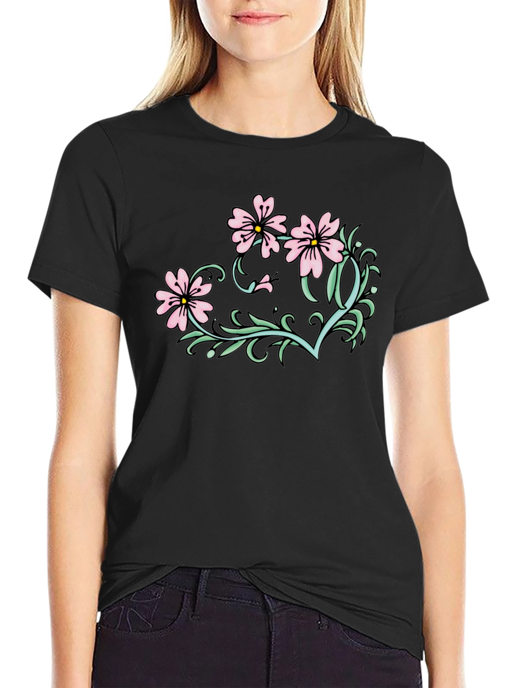 Floral Graphic T-Shirt - Black Casual Tee
