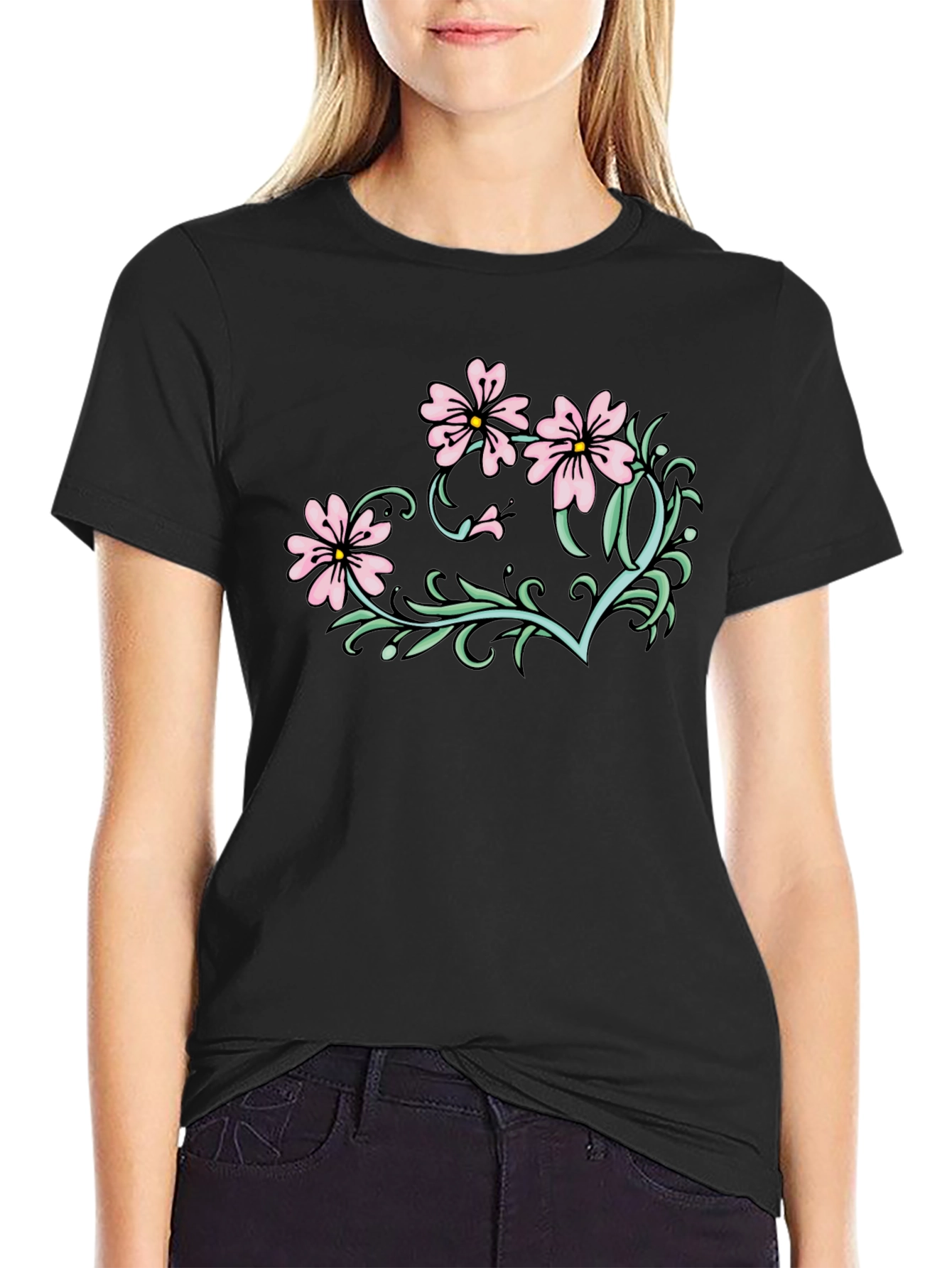 Floral Graphic T-Shirt - Black Casual Tee