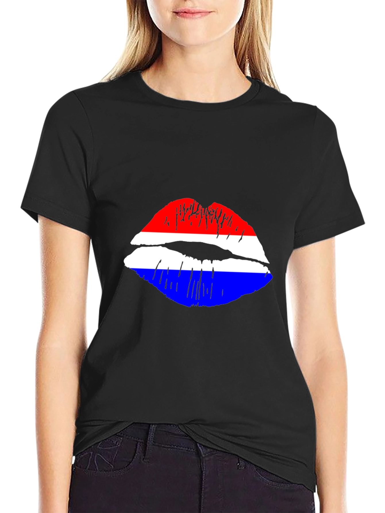 Lip Print Graphic Tee - Red White and Blue