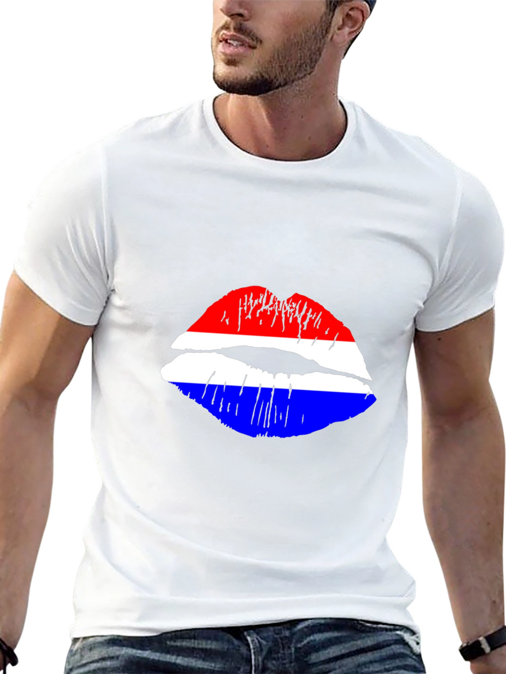 Lip Print Graphic Tee - Red White and Blue