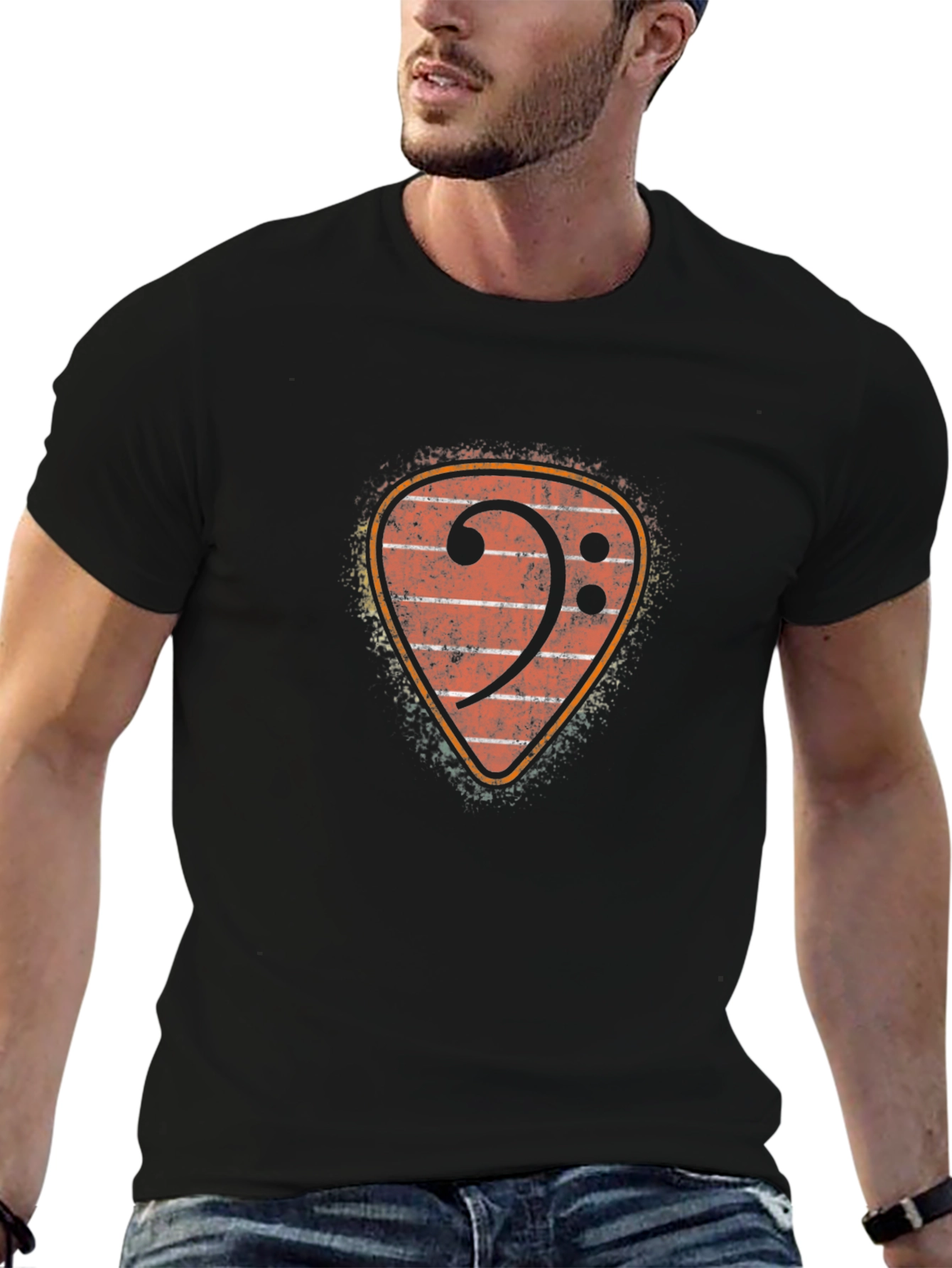Bass Clef Guitar Pick Graphic Tee - Black Cotton T-Shirt
