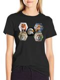 Animal Portrait Hexagon Print Black T-Shirt
