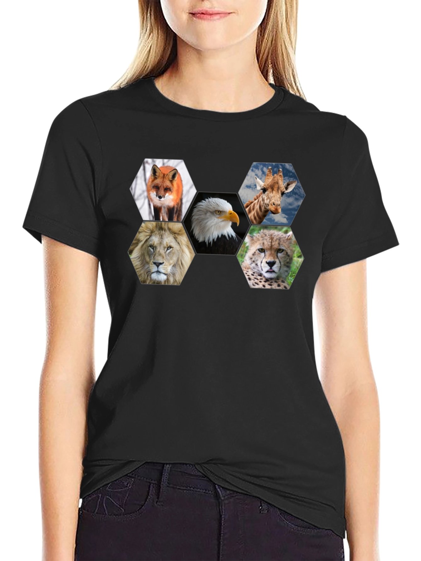 Animal Portrait Hexagon Print Black T-Shirt