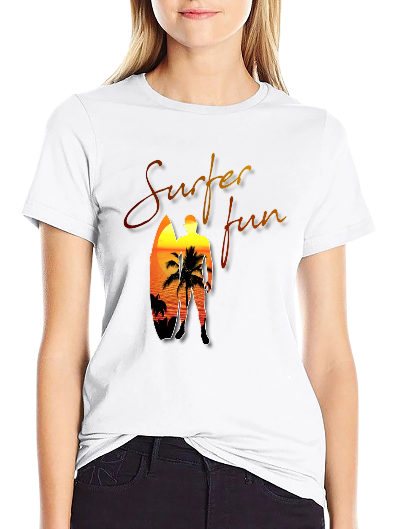 Surfer Fun Black T-Shirt: Sunset Beach Design