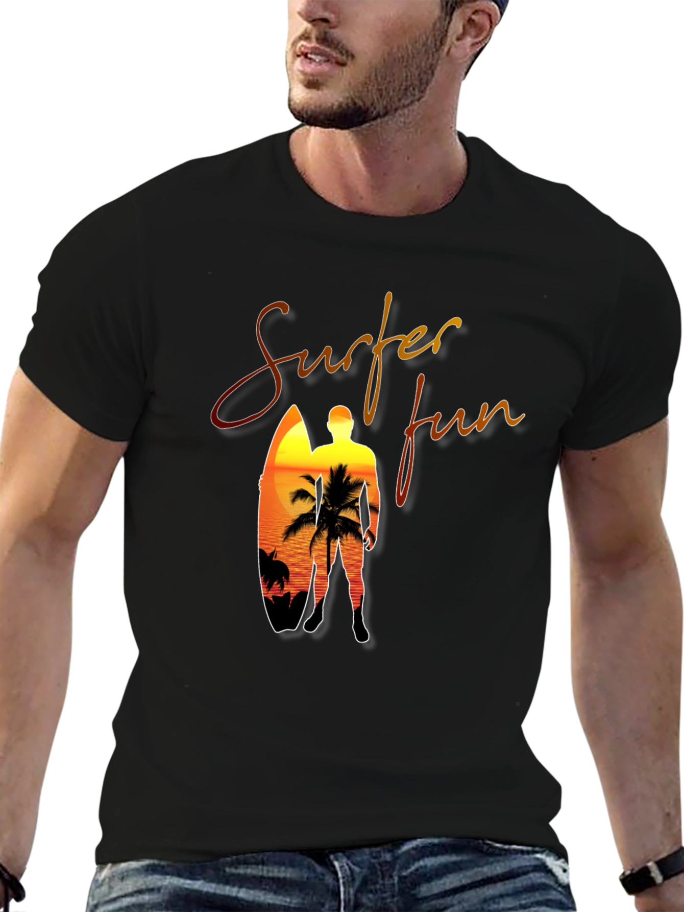 Surfer Fun Black T-Shirt: Sunset Beach Design