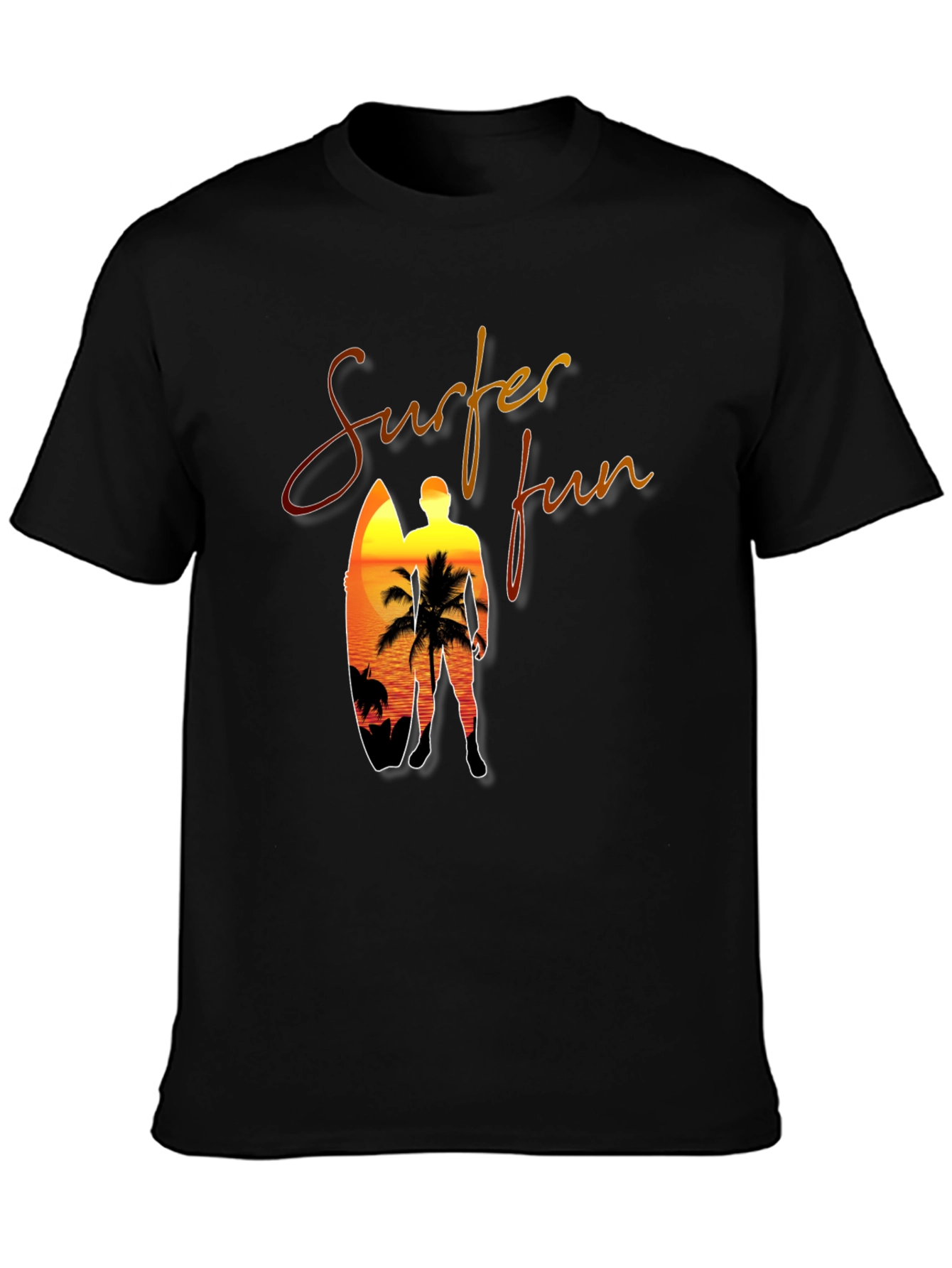 Surfer Fun Black T-Shirt: Sunset Beach Design