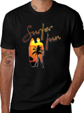 Surfer Fun Black T-Shirt: Sunset Beach Design