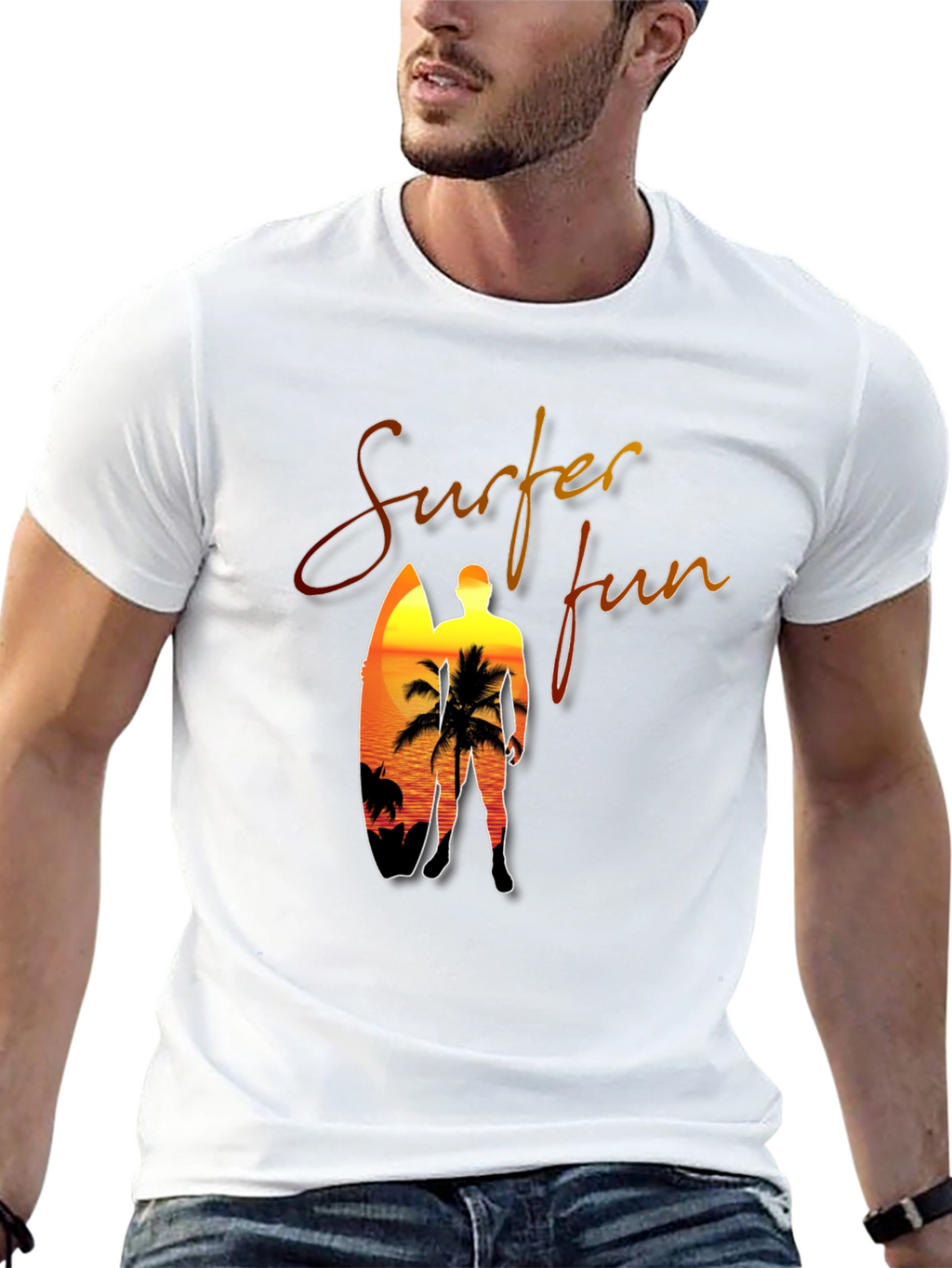 Surfer Fun Black T-Shirt: Sunset Beach Design
