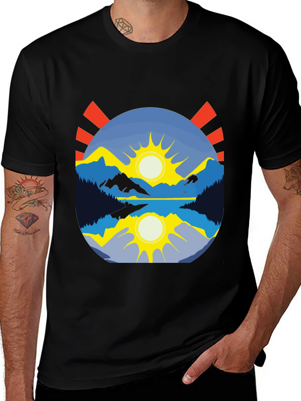 Mountain Lake Sunrise Graphic Tee - Black Cotton Blend