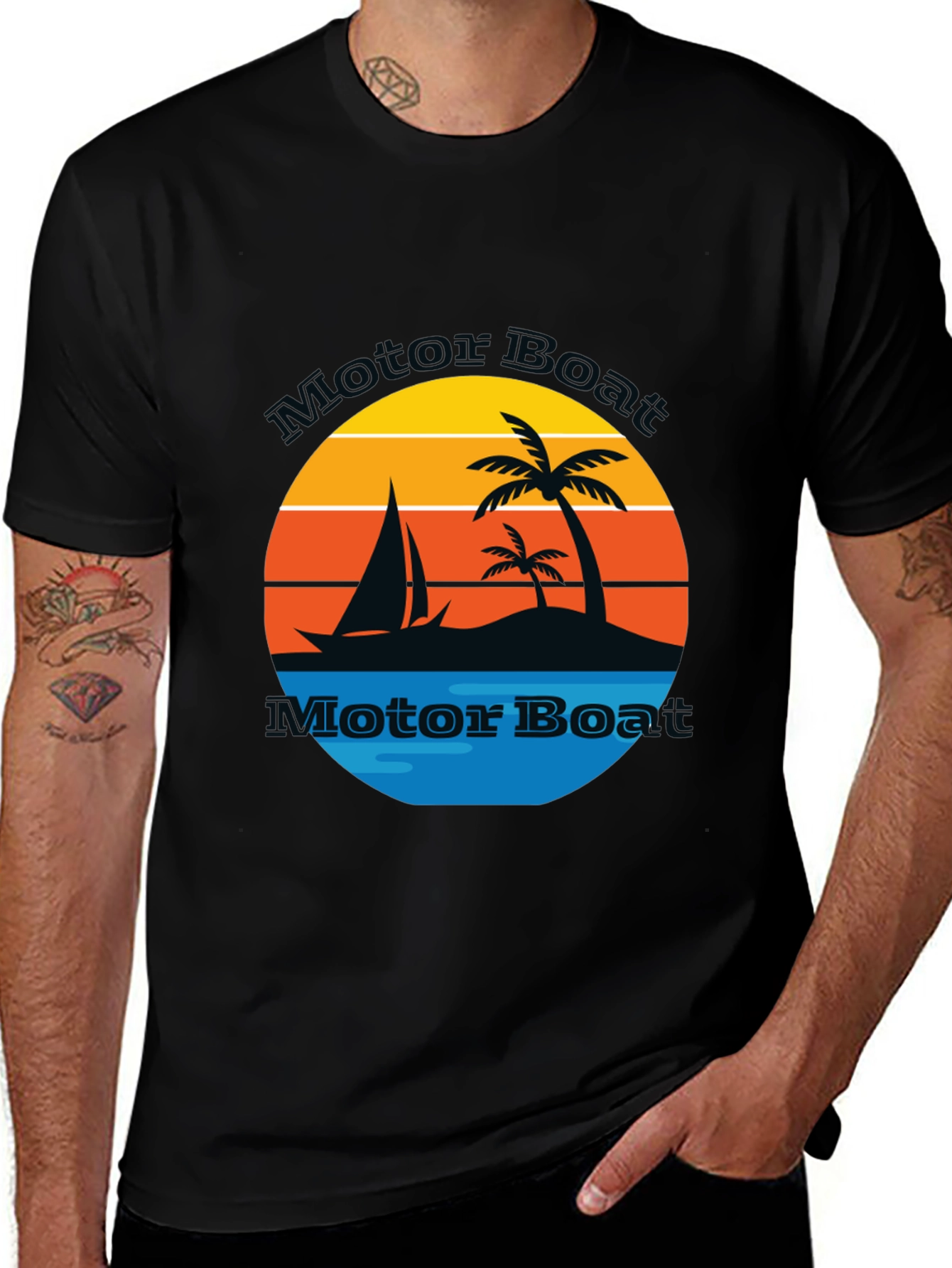 Retro Motor Boat T-Shirt - Tropical Island Sailboat Design