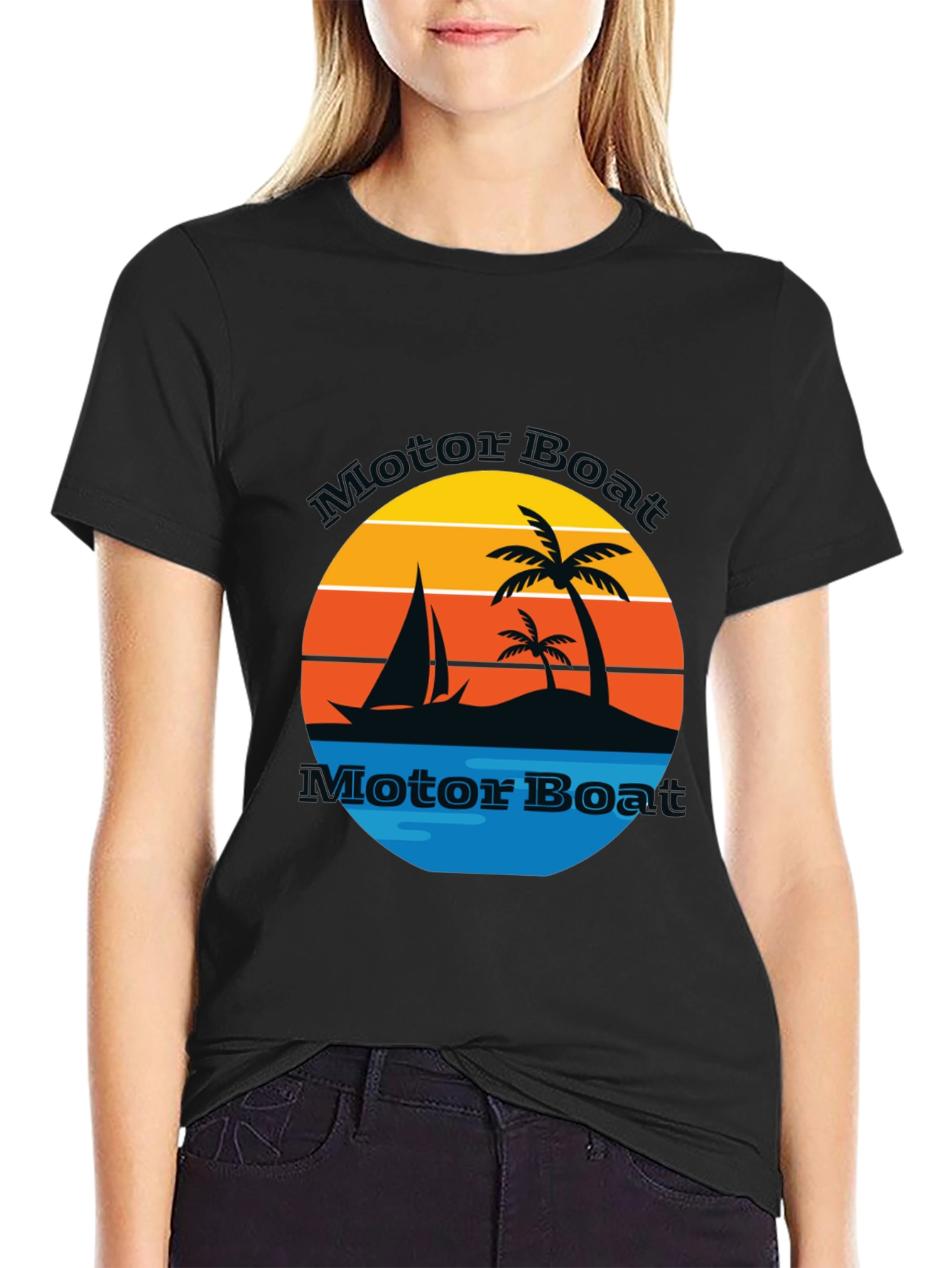 Retro Motor Boat T-Shirt - Tropical Island Sailboat Design
