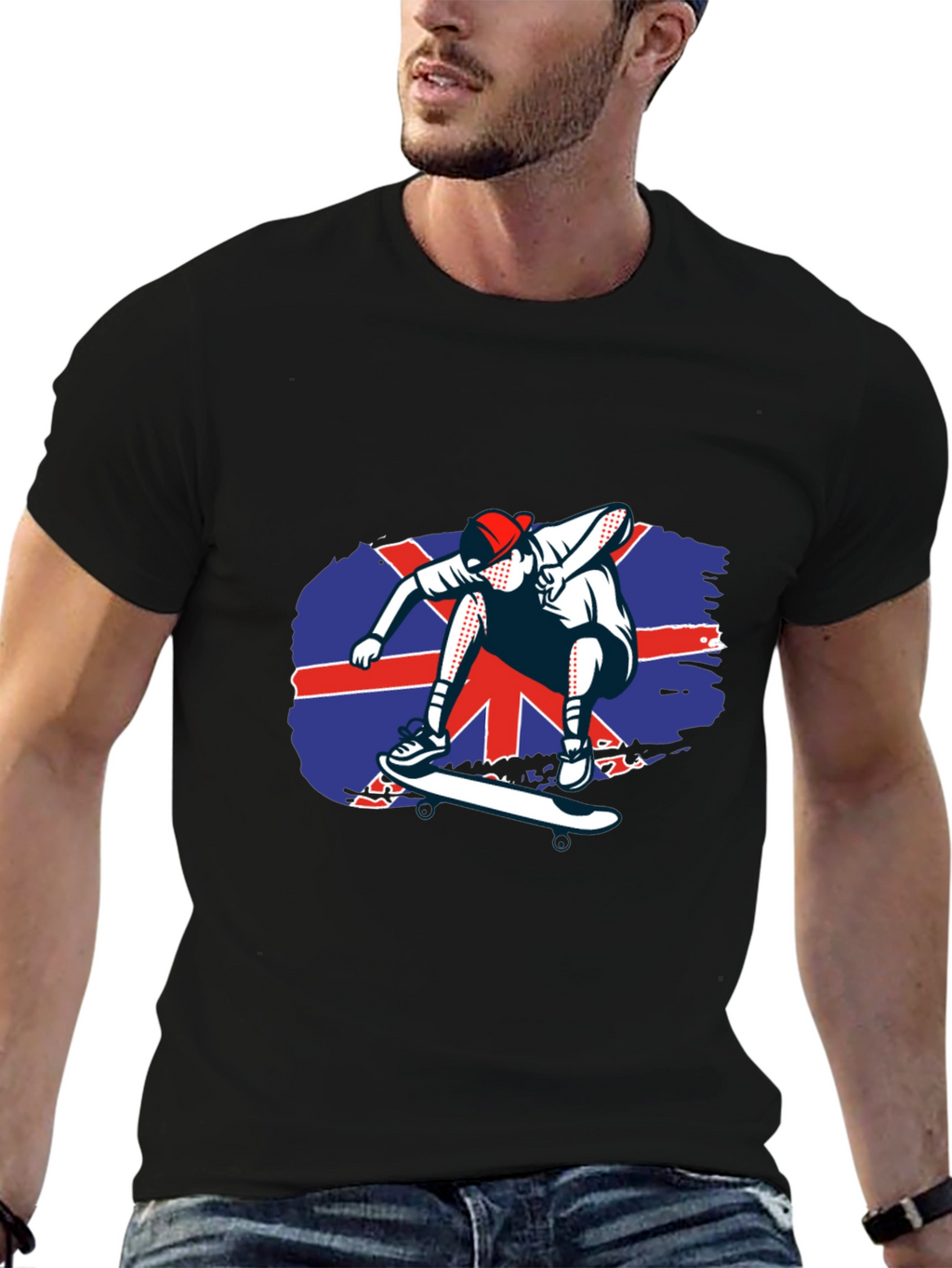 Skateboarder Union Jack Graphic Tee - Cool Black T-Shirt