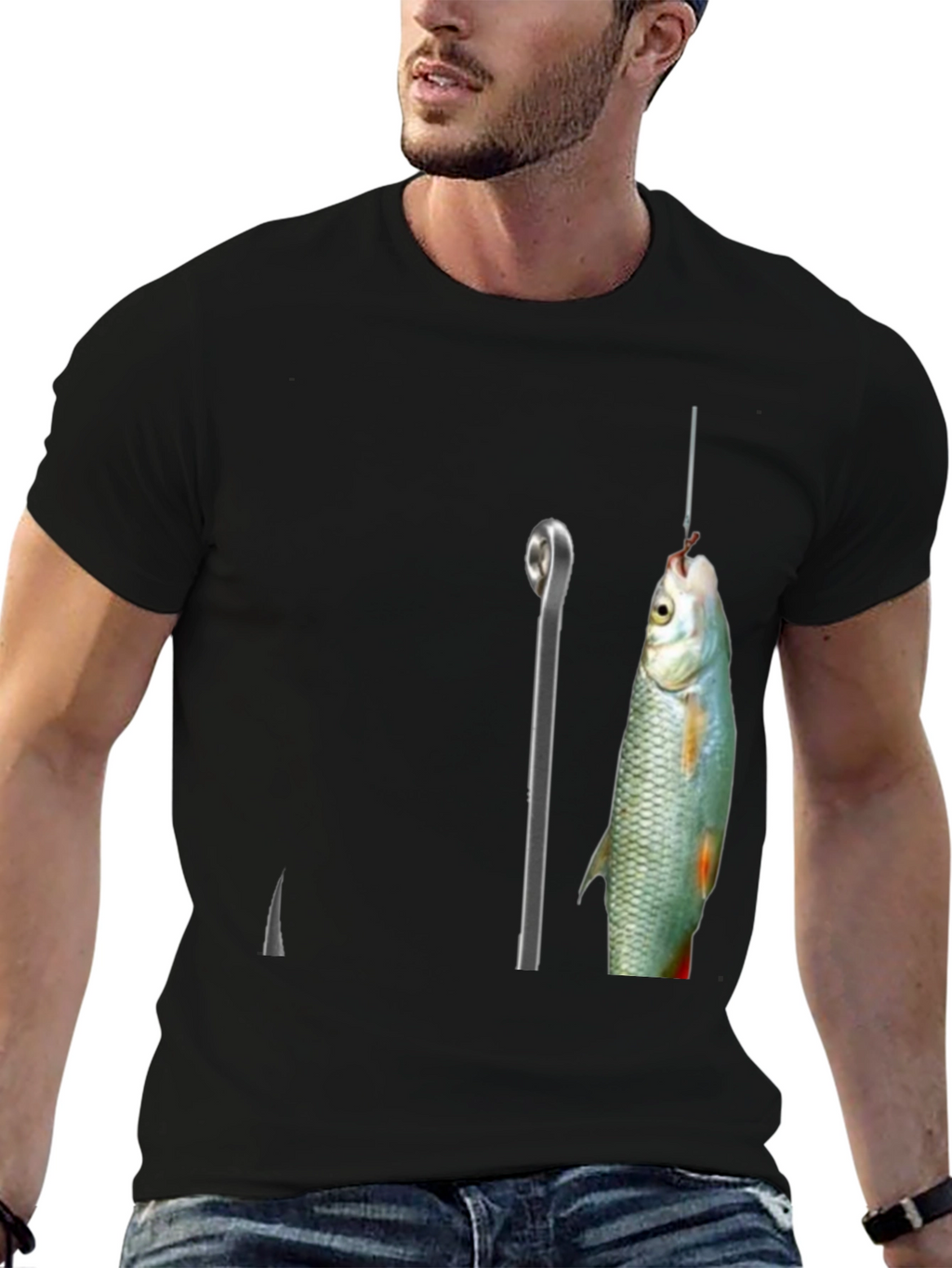Fishing Hook Graphic Tee - Black Cotton Blend T-Shirt