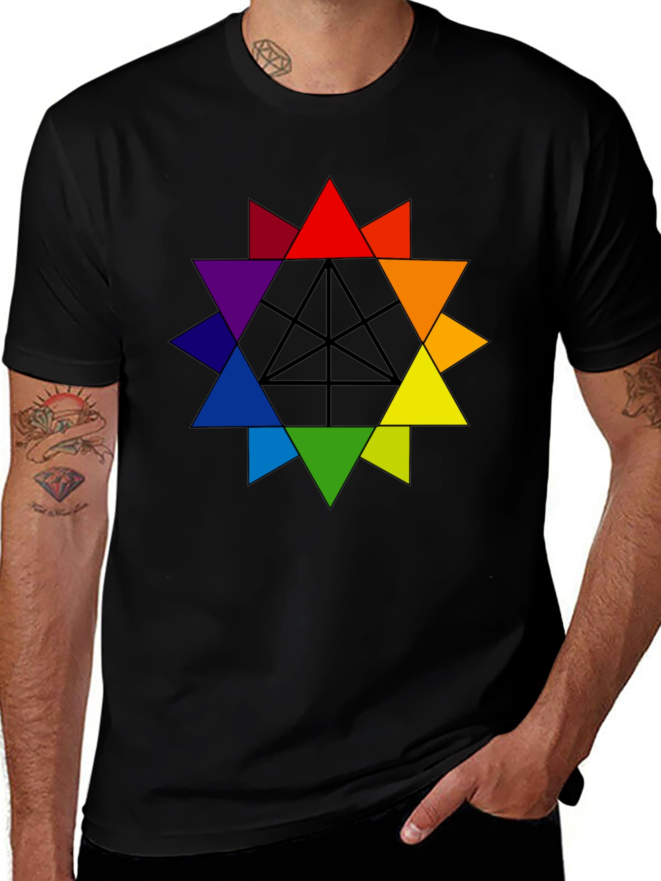 Colorful Triangle Star Graphic Tee - Black