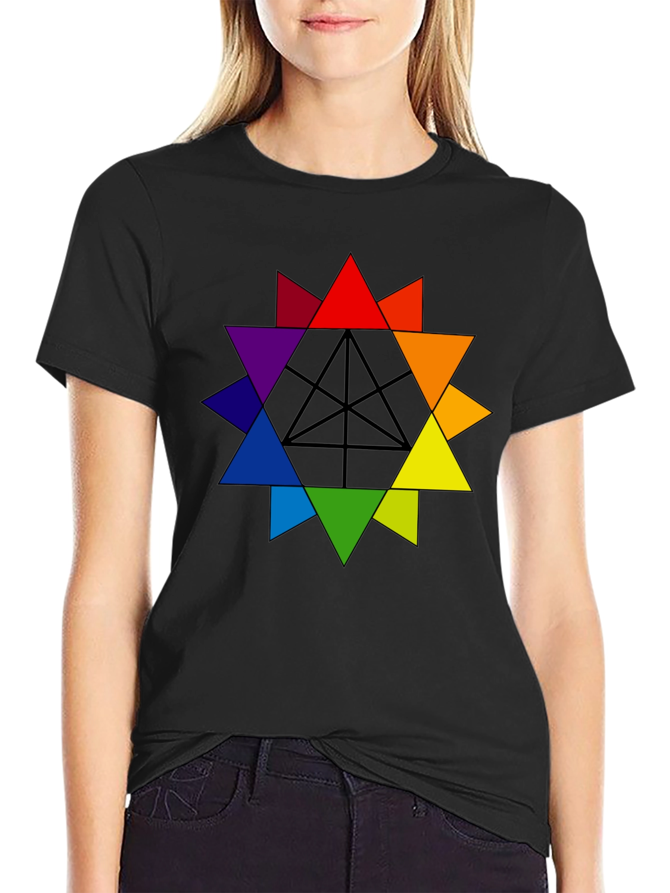 Colorful Triangle Star Graphic Tee - Black